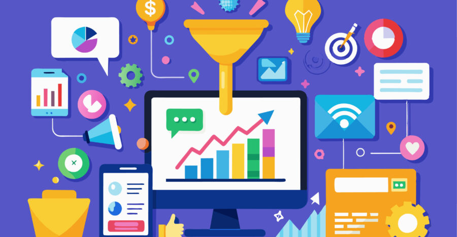 Flat Style Digital Marketing Illustration Featuring Marketing Funnels Flat Style Digital Marketing Illustration Featuring Marketing Funnels
